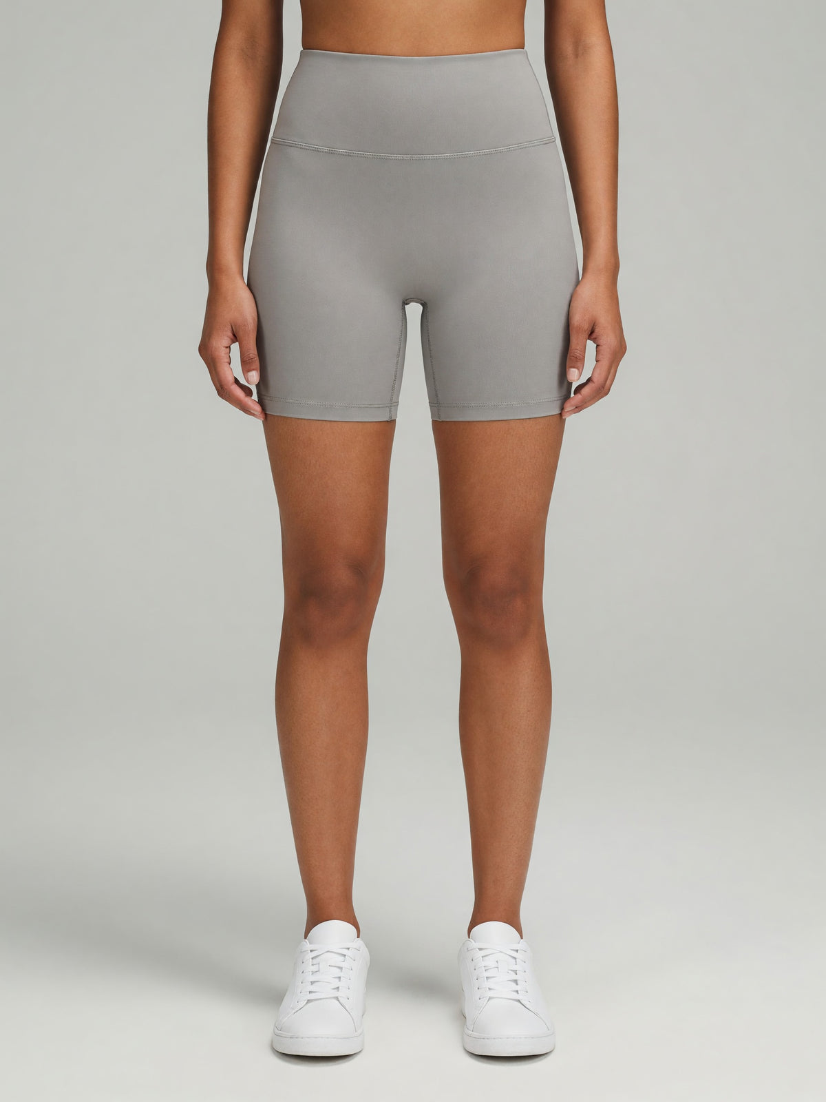 High-Rise Bike Short in Gray, worn, front