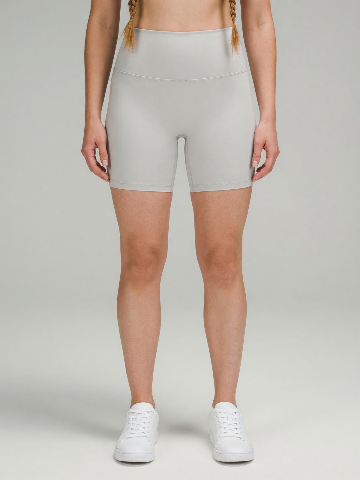 High-Rise Bike Short in Light Gray, worn, front