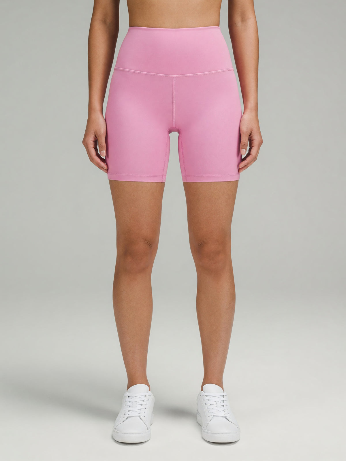 High-Rise Bike Short in Pink, worn, front