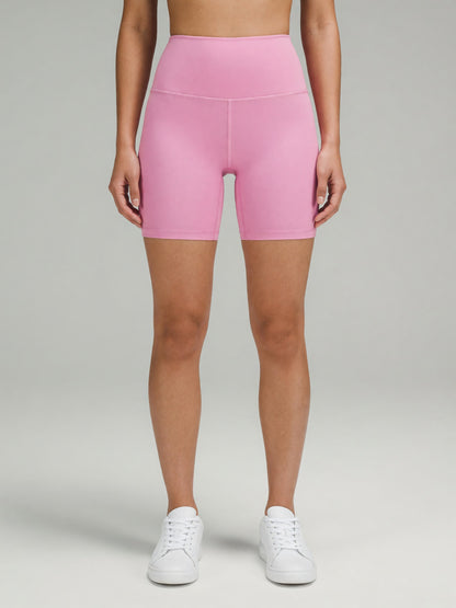High-Rise Bike Short in Pink, worn, front