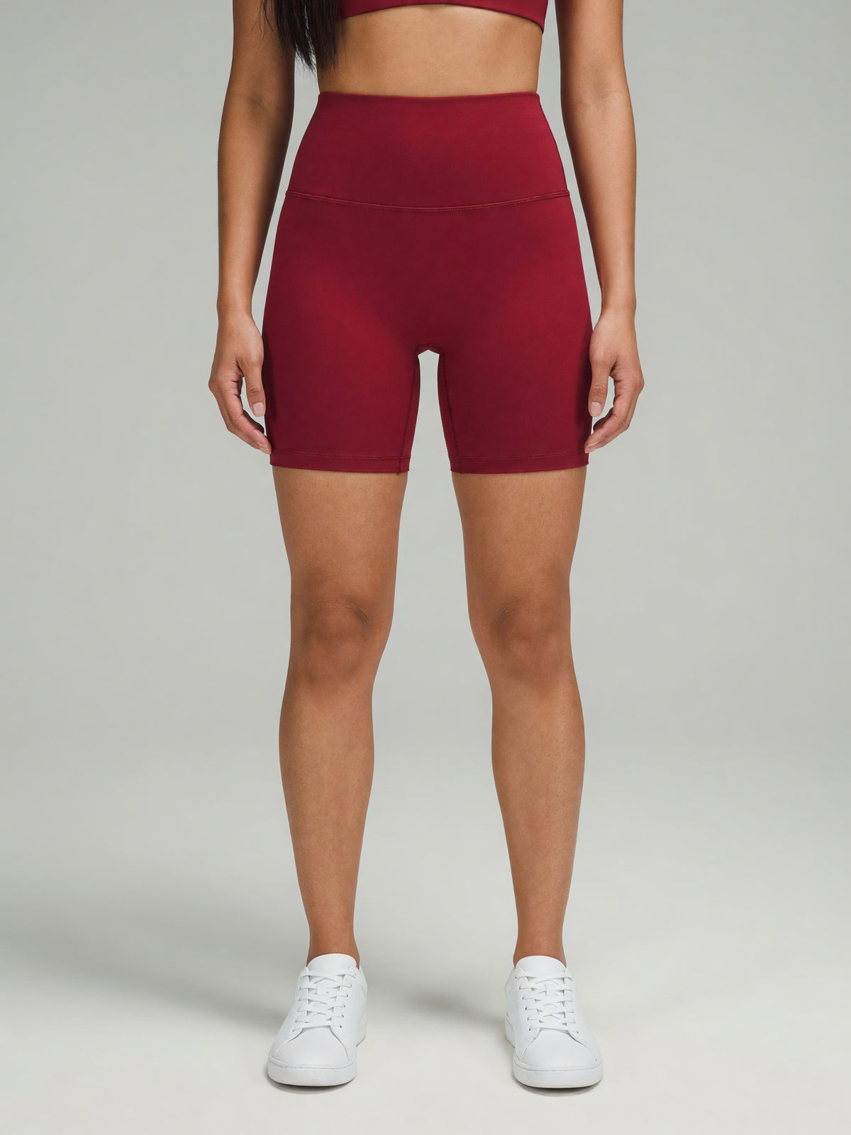 High-Rise Bike Short in Red, worn, front