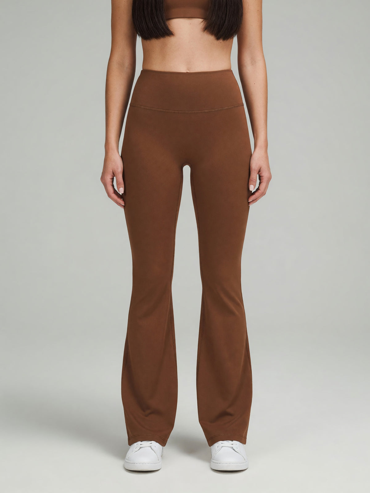 High-Rise Flare Legging in Brown, worn, front
