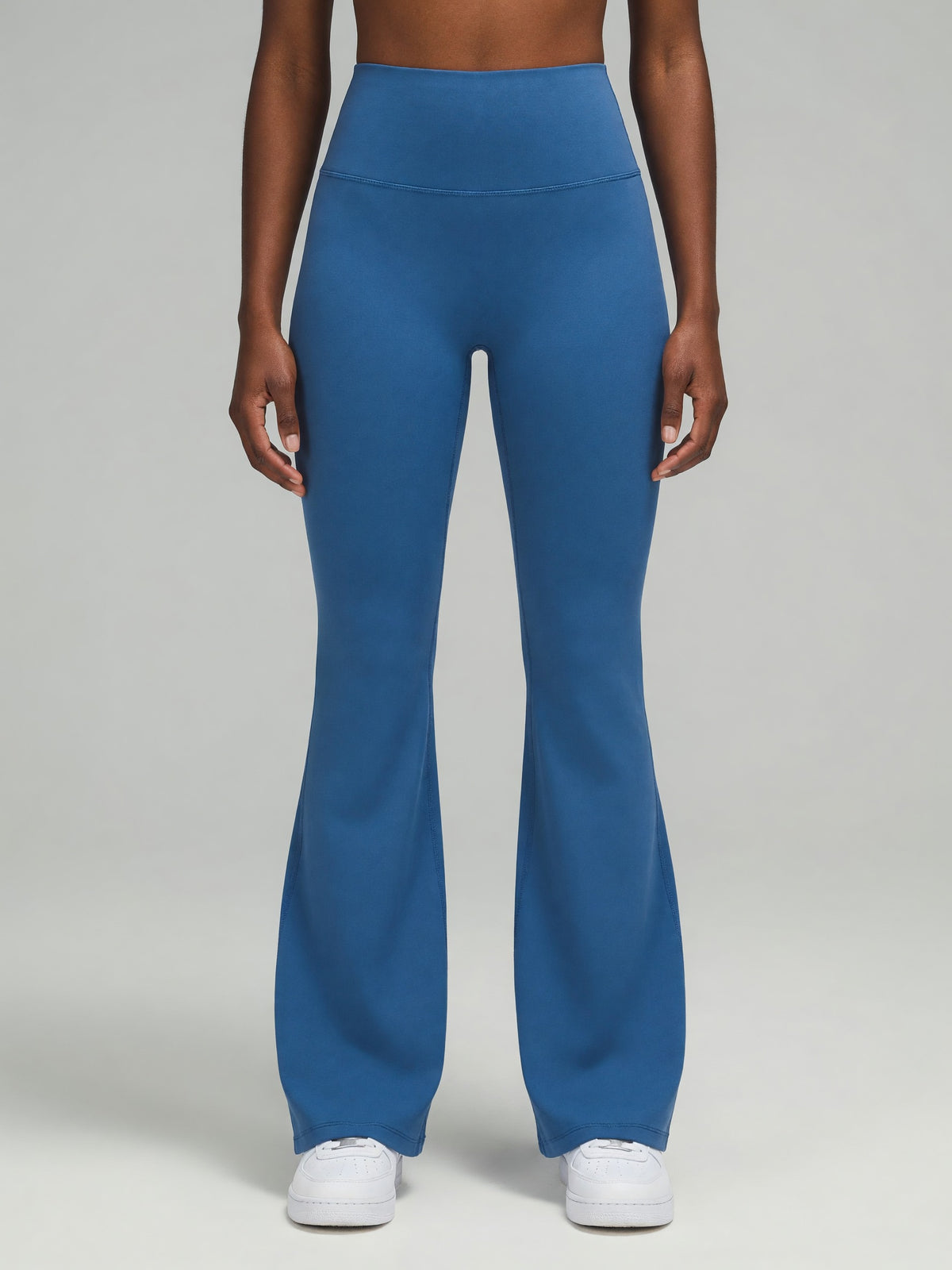 High-Rise Flare Legging in Colorful Blue, worn, front