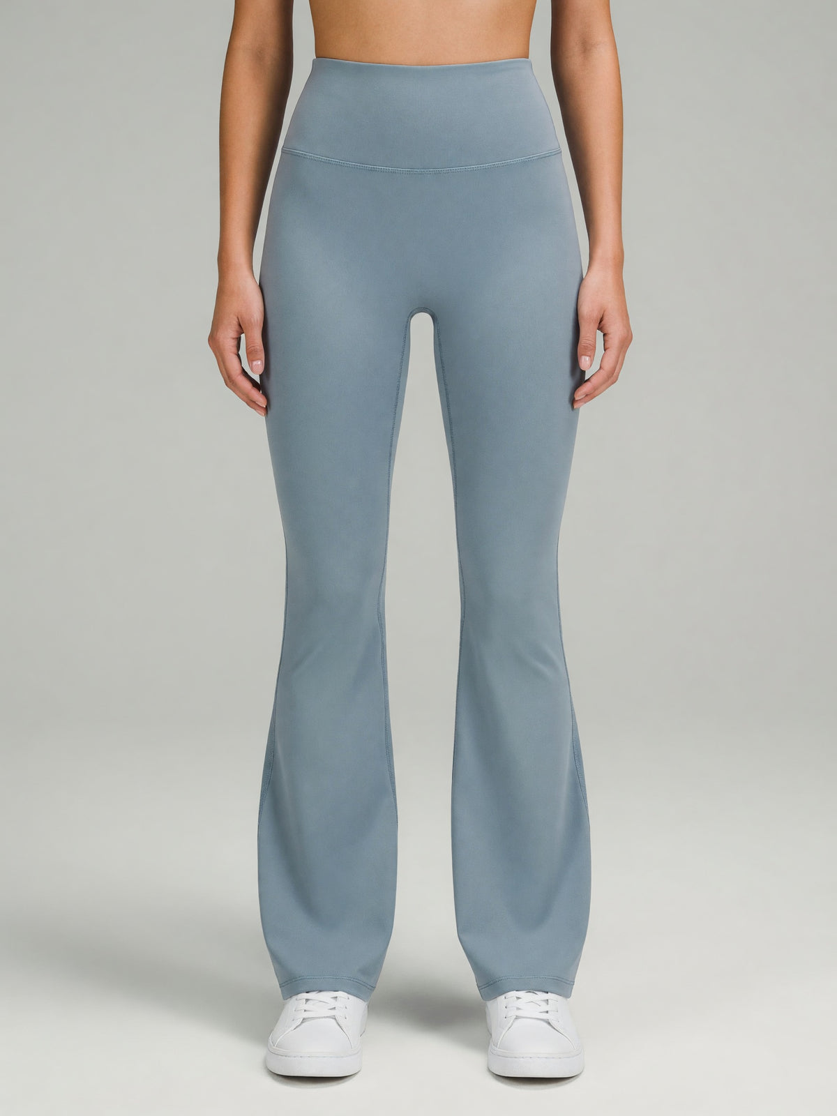 High-Rise Flare Legging in Gray Blue, worn, front
