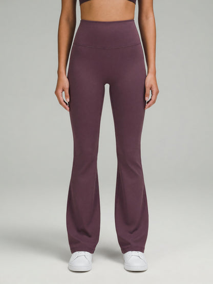 High-Rise Flare Legging in Plum Purple, worn, front