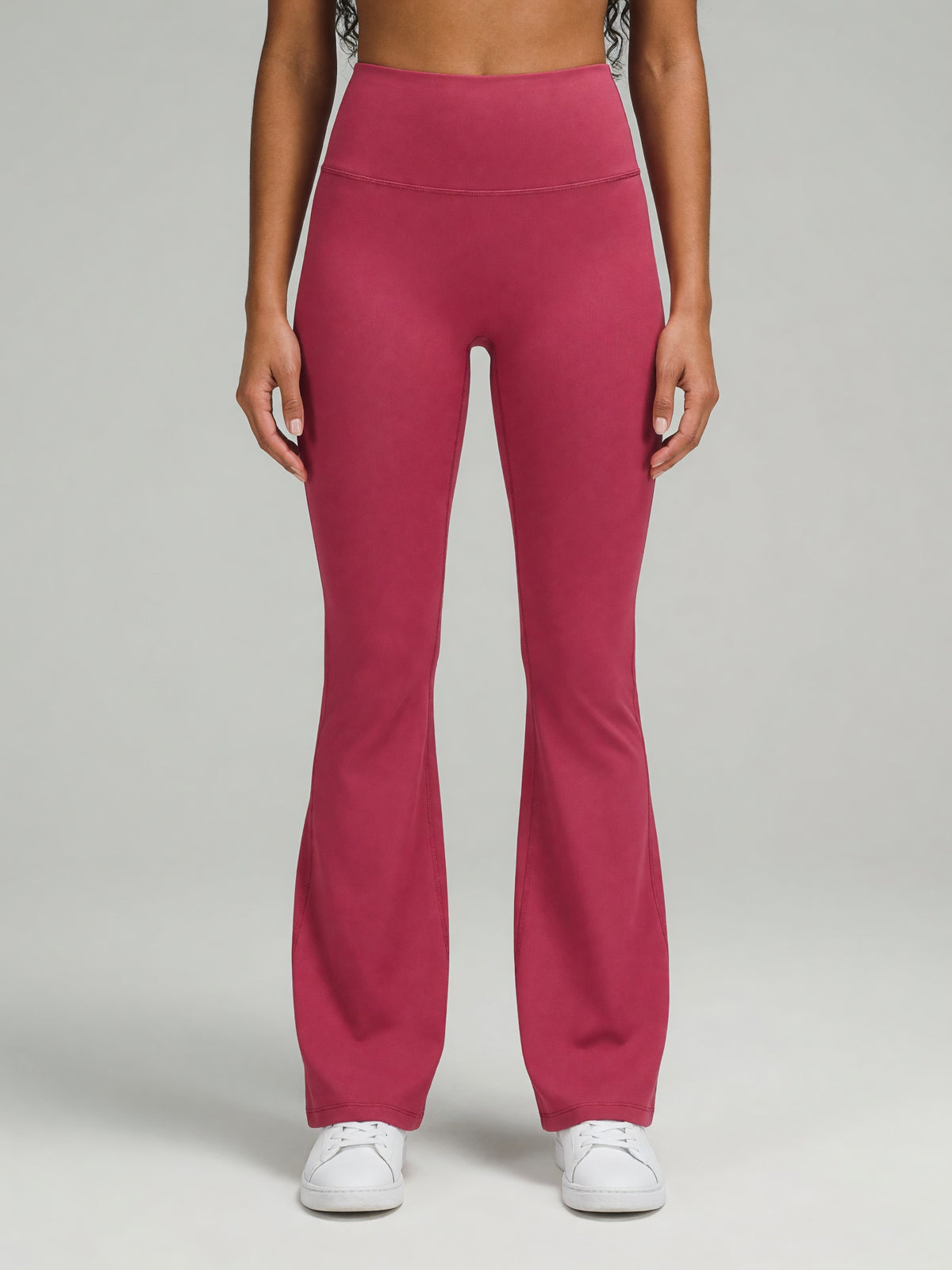 High-Rise Flare Legging in Rose Red, worn, front