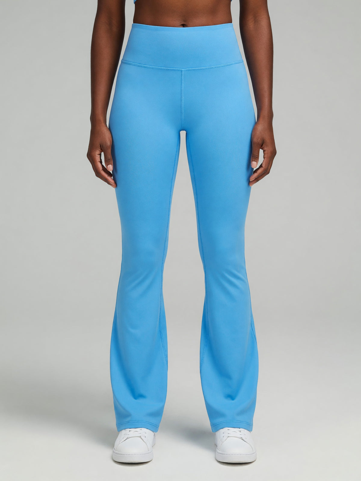 High-Rise Flare Legging in Sky Blue, worn, front