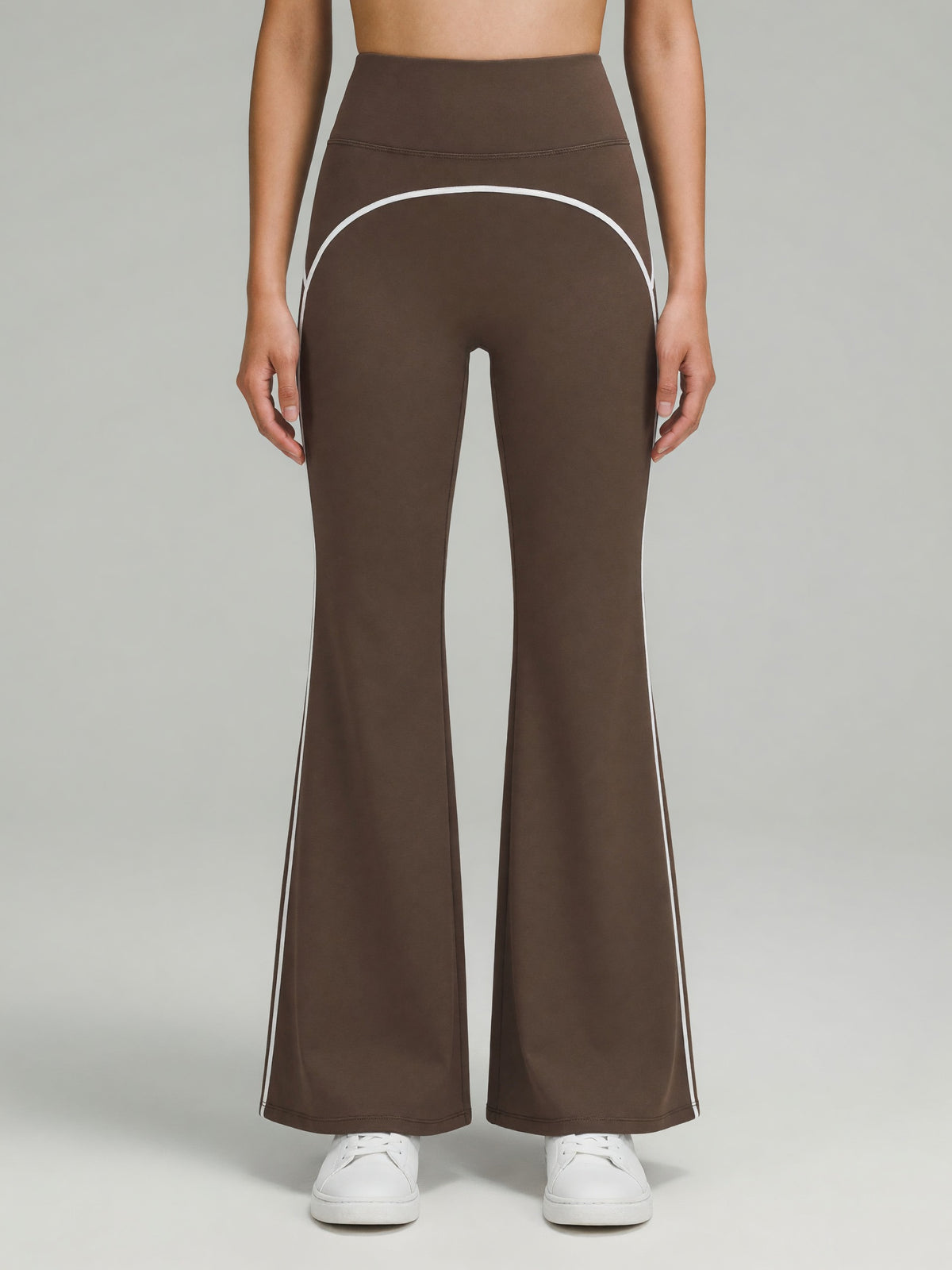 High-Rise Flare Pant in Coffee, worn, front