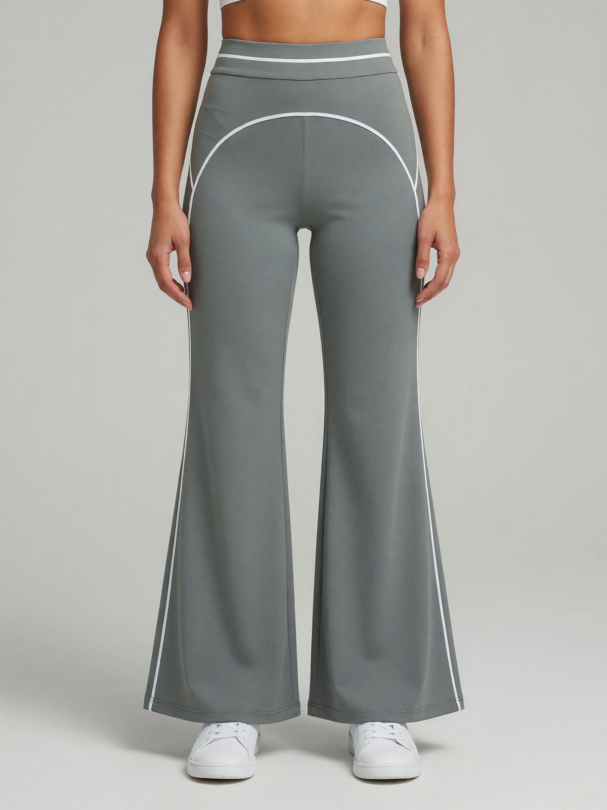 High-Rise Flare Pant in Gray Green, worn, front