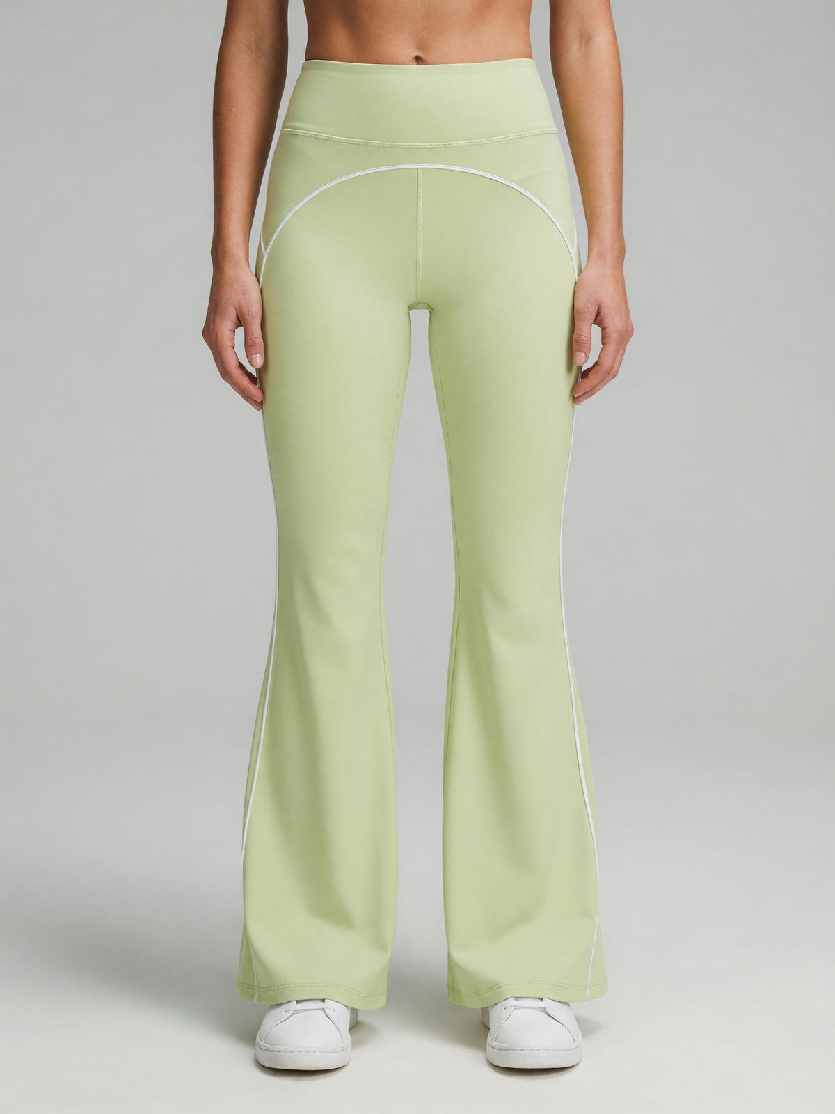 High-Rise Flare Pant in Light Green, worn, front