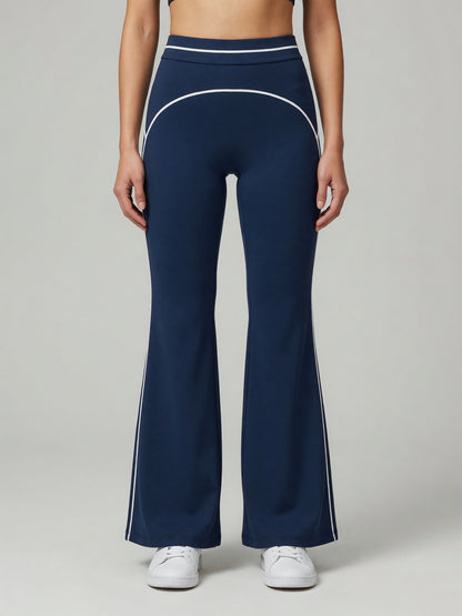 High-Rise Flare Pant in Navy Blue, worn, front