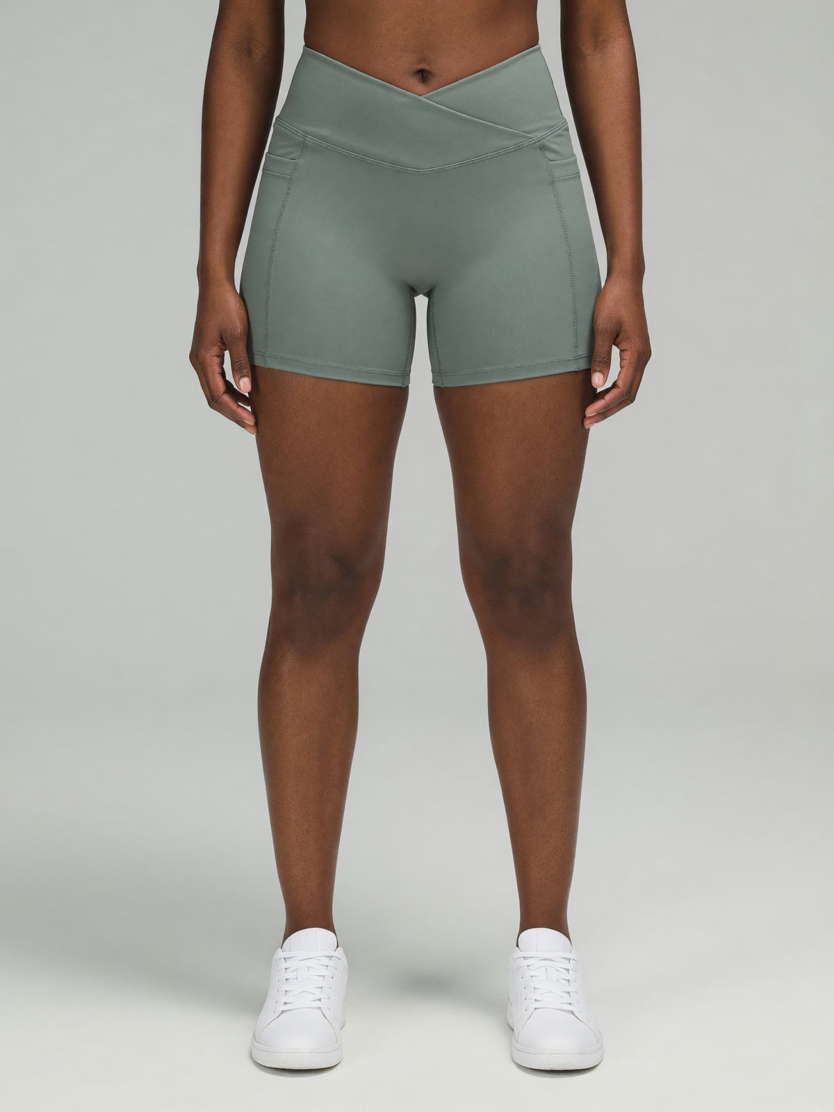 High-Rise Pocket Short in Gray Green, worn, front