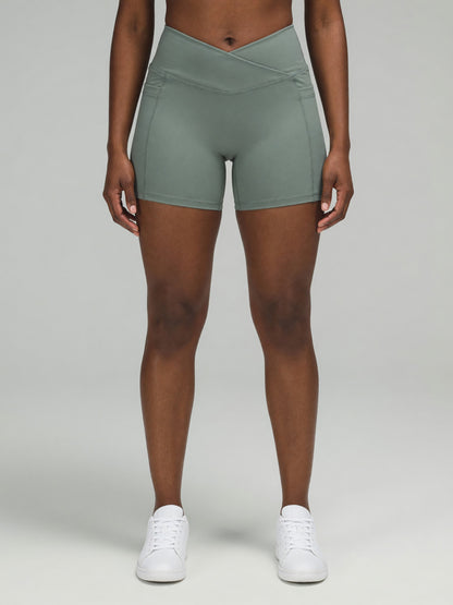 High-Rise Pocket Short in Gray Green, worn, front
