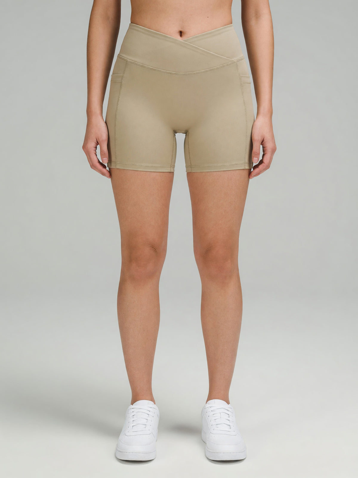 High-Rise Pocket Short in Khaki, worn, front