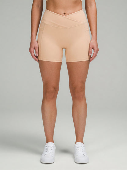 High-Rise Pocket Short in Light Apricot, worn, front