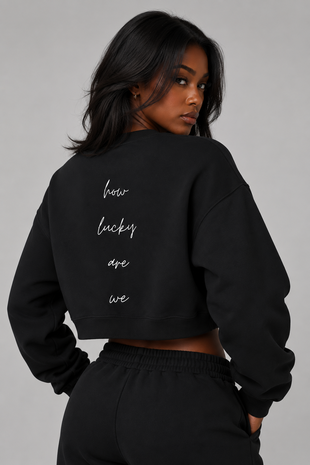 How Lucky Are We Cropped Sweatshirt in Black, worn, back