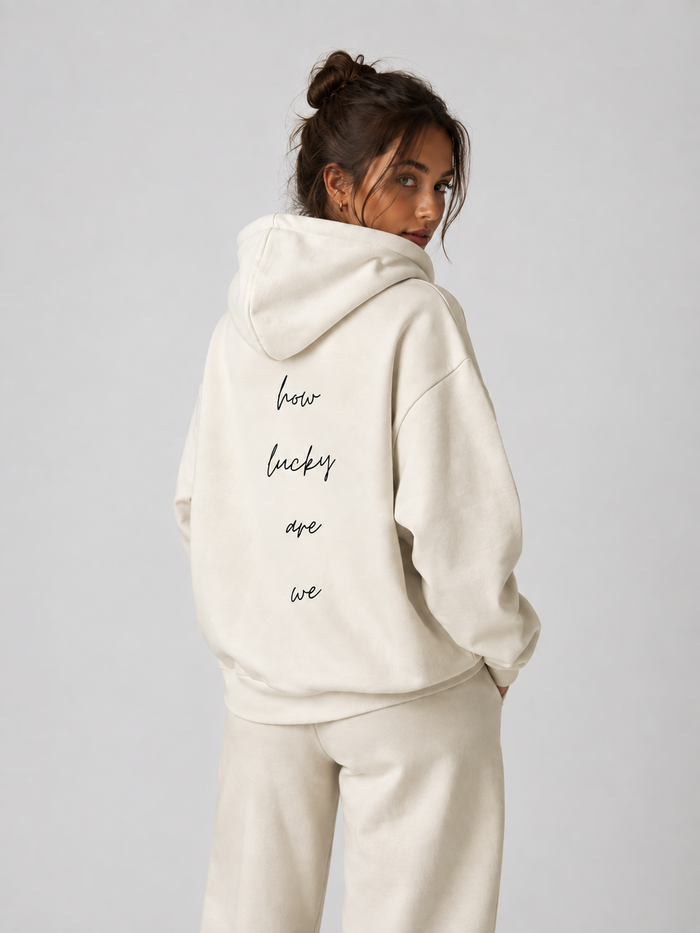 How Lucky Are We Hoodie in Bone, worn, back