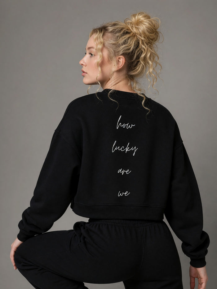 How Lucky Are We Mock-Neck Sweatshirt in Black, worn, back