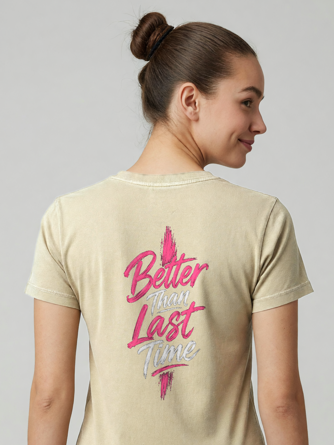 Better Than Last Time Tee in Khaki, worn