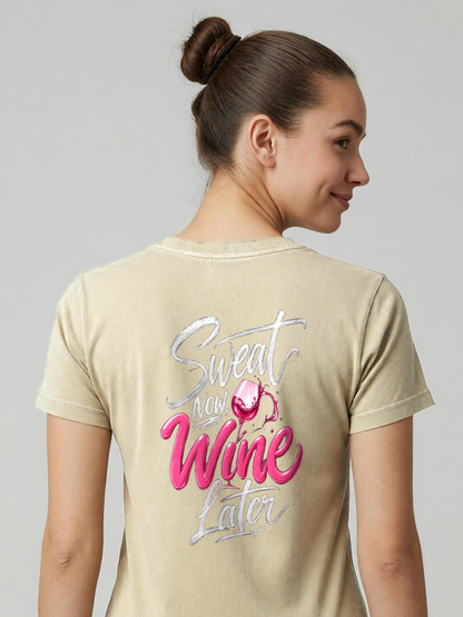 Sweat Now, Wine Later Tee in Khaki, worn