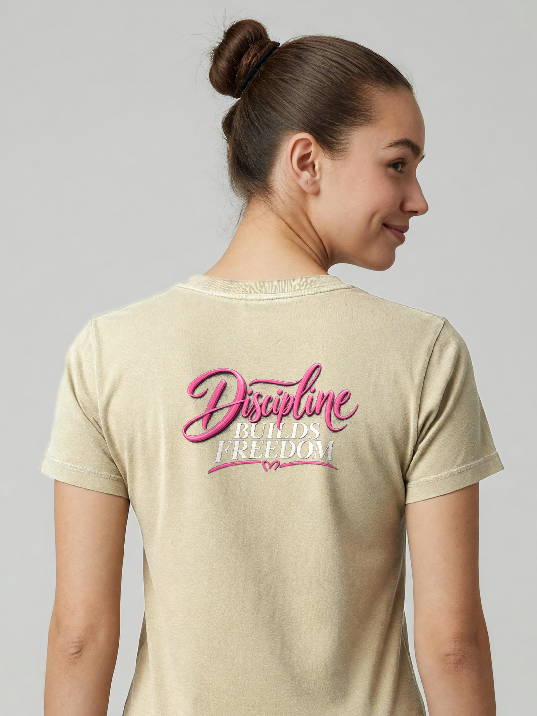Discipline Builds Freedom Tee in Khaki, worn