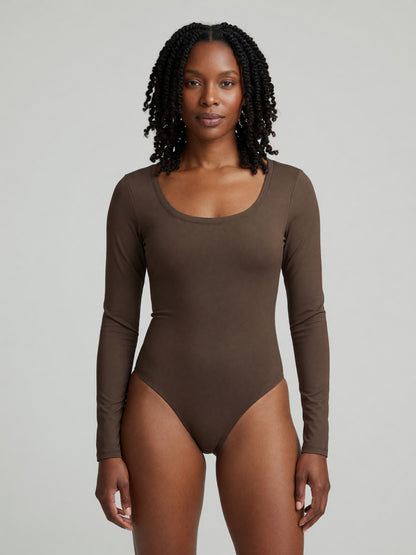 Long-Sleeve Yoga Bodysuit in Coffee, worn, front