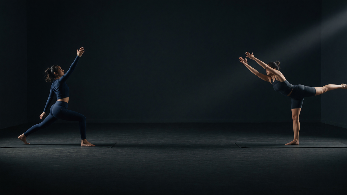 A woman mid-movement on a yoga mat in a large dark studio