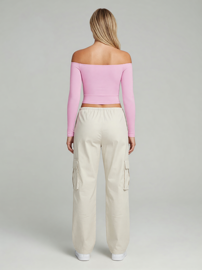 Off-Shoulder Long Sleeve worn by a model, back view
