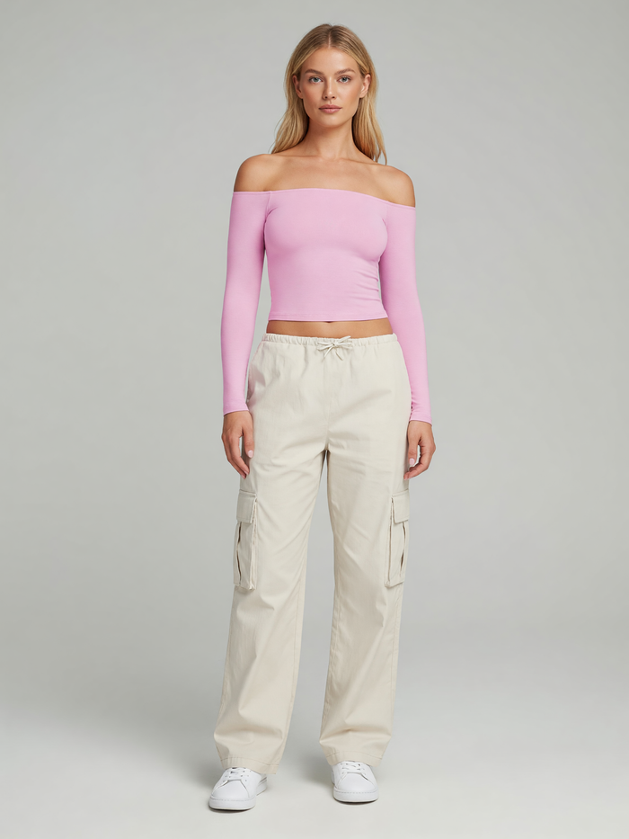 Off-Shoulder Long Sleeve worn by a model, front view