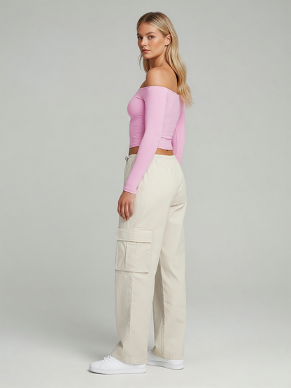 Off-Shoulder Long Sleeve worn by a model, three-quarter view