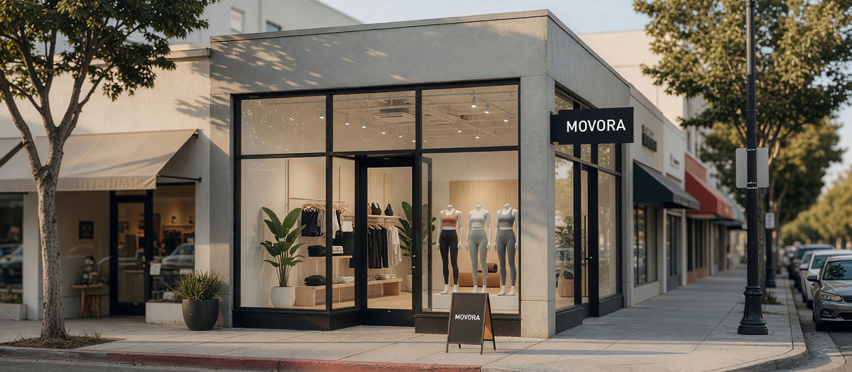 The Movora store on a sunny street corner, three mannequins in sports bras and leggings in the window and rails of activewear behind them, a black MOVORA sign above the entrance and a small sign on the pavement outside