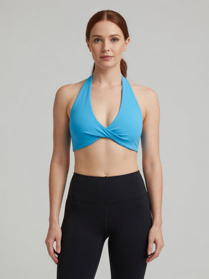 Pleated Halter Sports Bra in Blue, worn, front