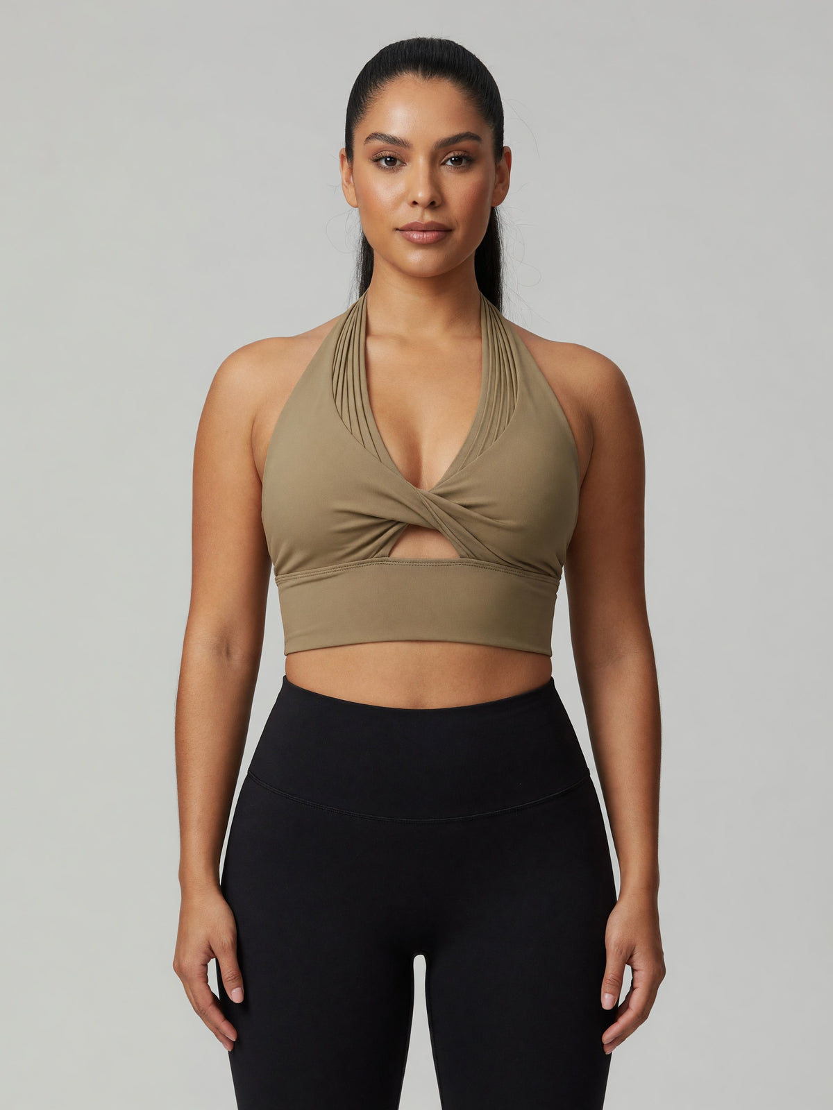 Pleated Halter Sports Bra in Khaki, worn, front