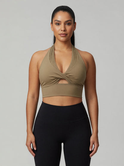Pleated Halter Sports Bra in Khaki, worn, front