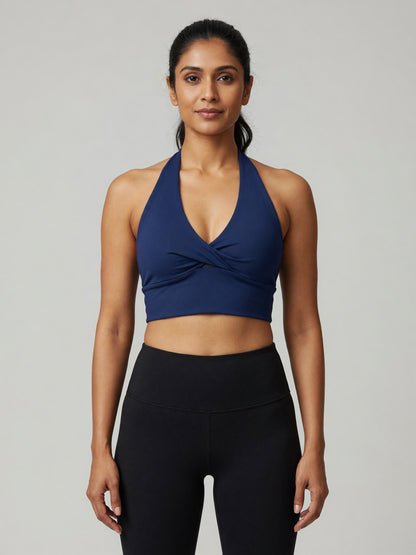 Pleated Halter Sports Bra in Navy Blue, worn, front