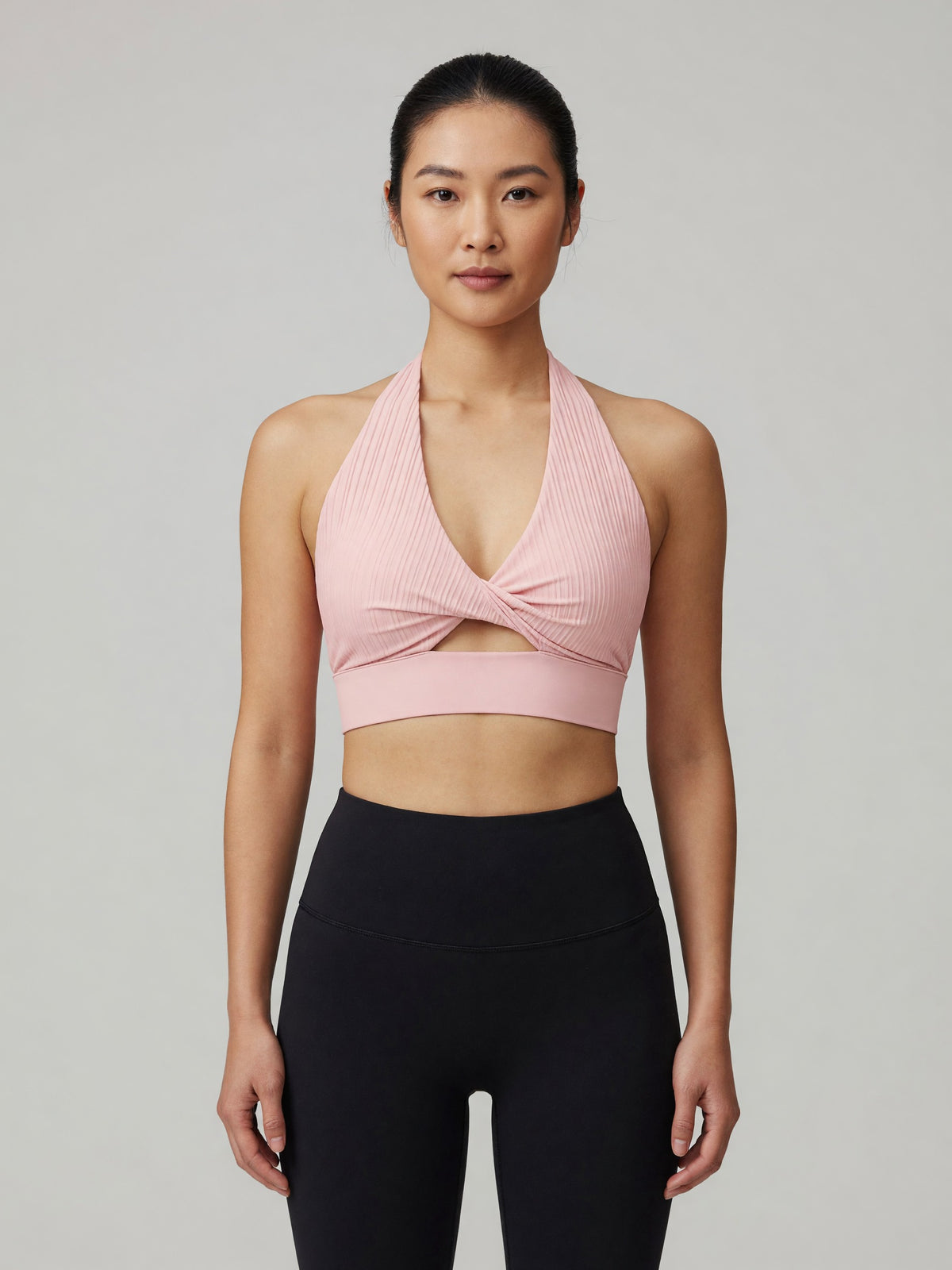 Pleated Halter Sports Bra in Pink, worn, front