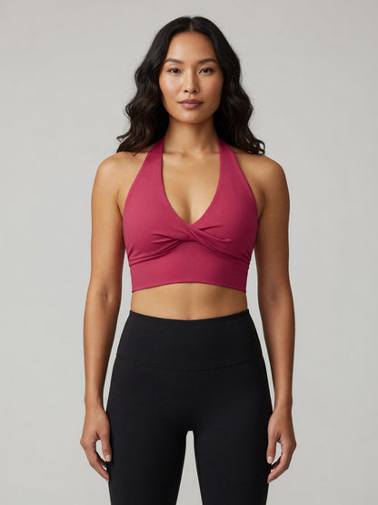 Pleated Halter Sports Bra in Rose Red, worn, front