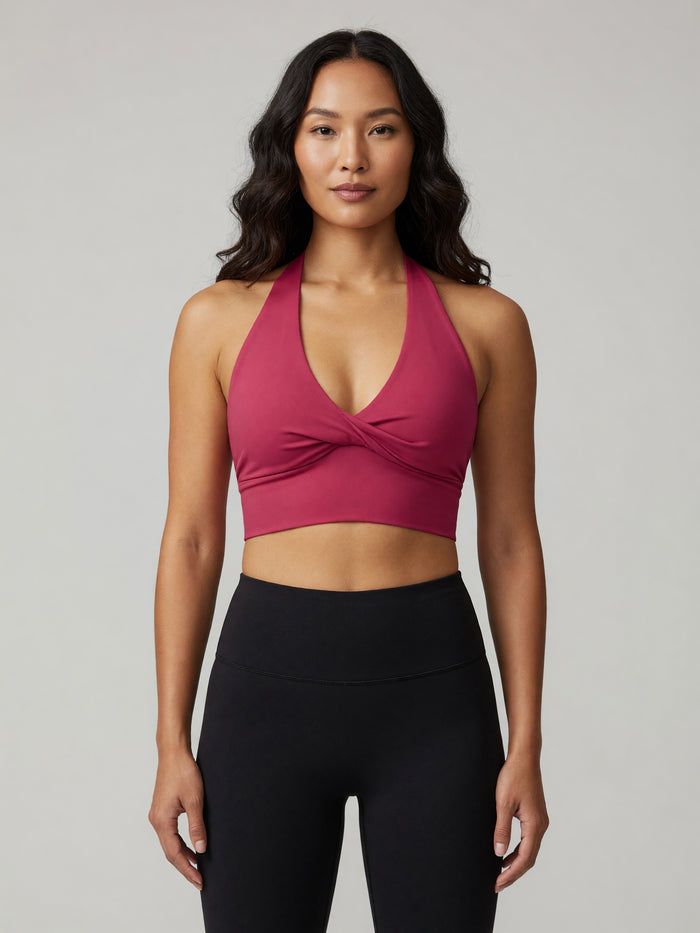 Pleated Halter Sports Bra in Rose Red, worn, front