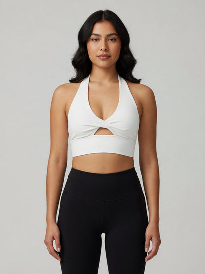 Pleated Halter Sports Bra in White, worn, front