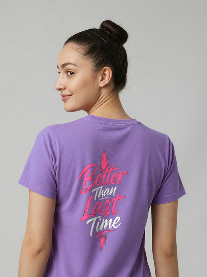 Better Than Last Time Tee in Purple, worn