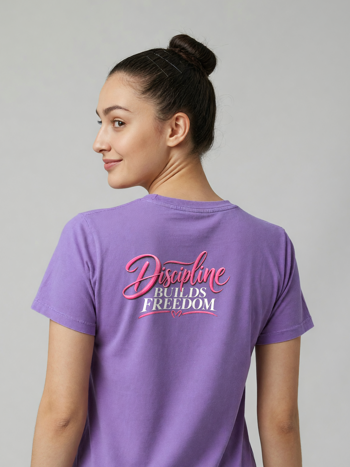 Discipline Builds Freedom Tee in Purple, worn