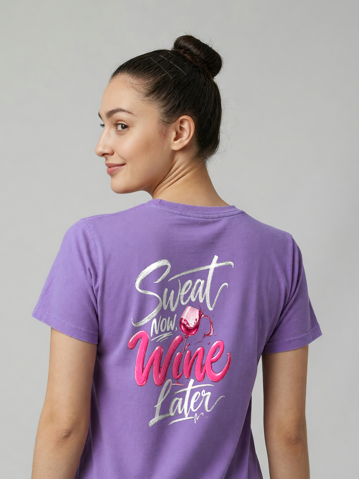 Sweat Now, Wine Later Tee in Purple, worn