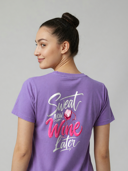Sweat Now, Wine Later Tee in Purple, worn