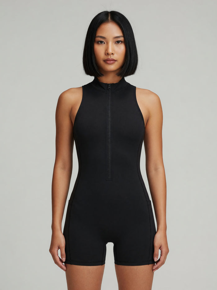 Quarter-Zip Romper in Black, worn, front