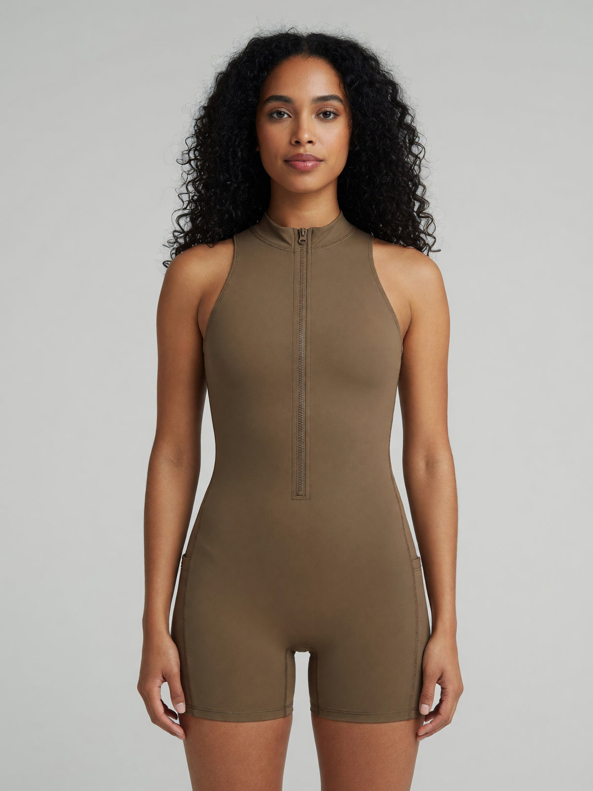 Quarter-Zip Romper in Coffee, worn, front