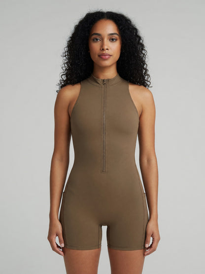 Quarter-Zip Romper in Coffee, worn, front