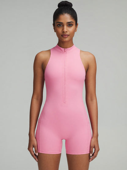 Quarter-Zip Romper in Pink, worn, front