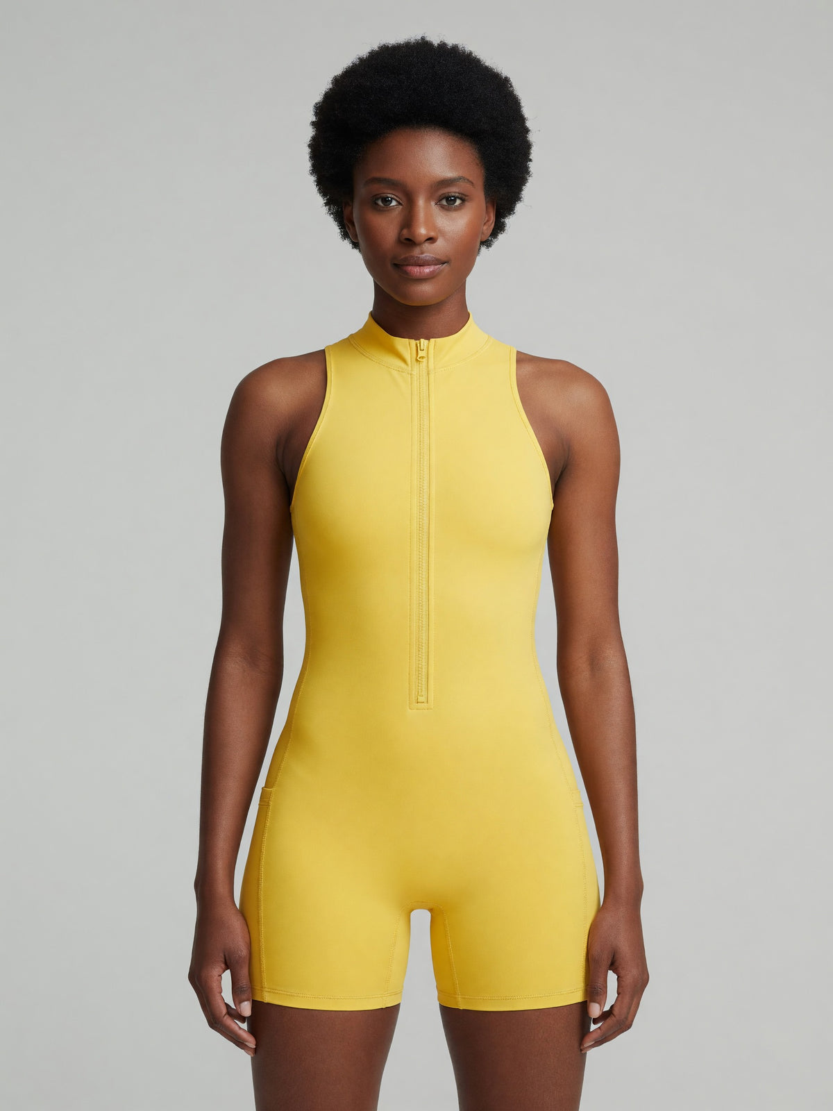 Quarter-Zip Romper in Yellow, worn, front