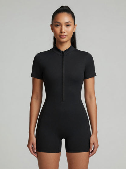 Quarter-Zip Sleeve Romper in Black, worn, front