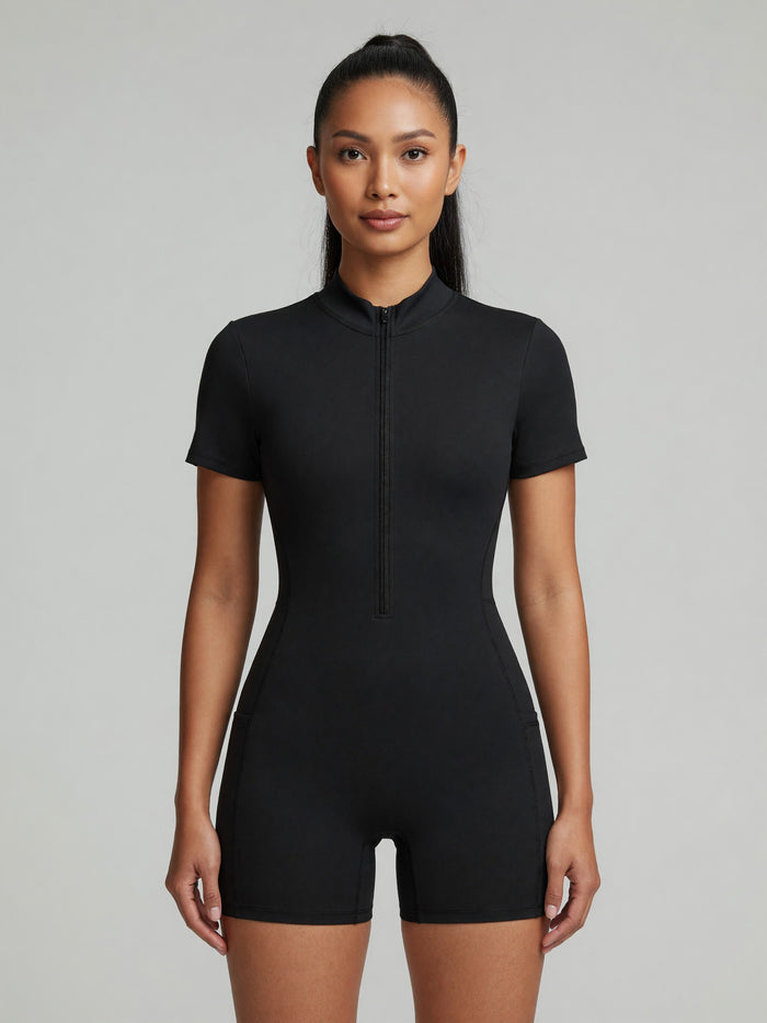 Quarter-Zip Sleeve Romper in Black, worn, front